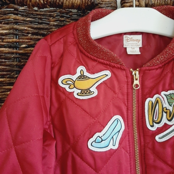 Disney Tutu Couture Bomber Jacket Girl's 7/8 Pink Quilted Coat Princess Patches - Picture 4 of 10